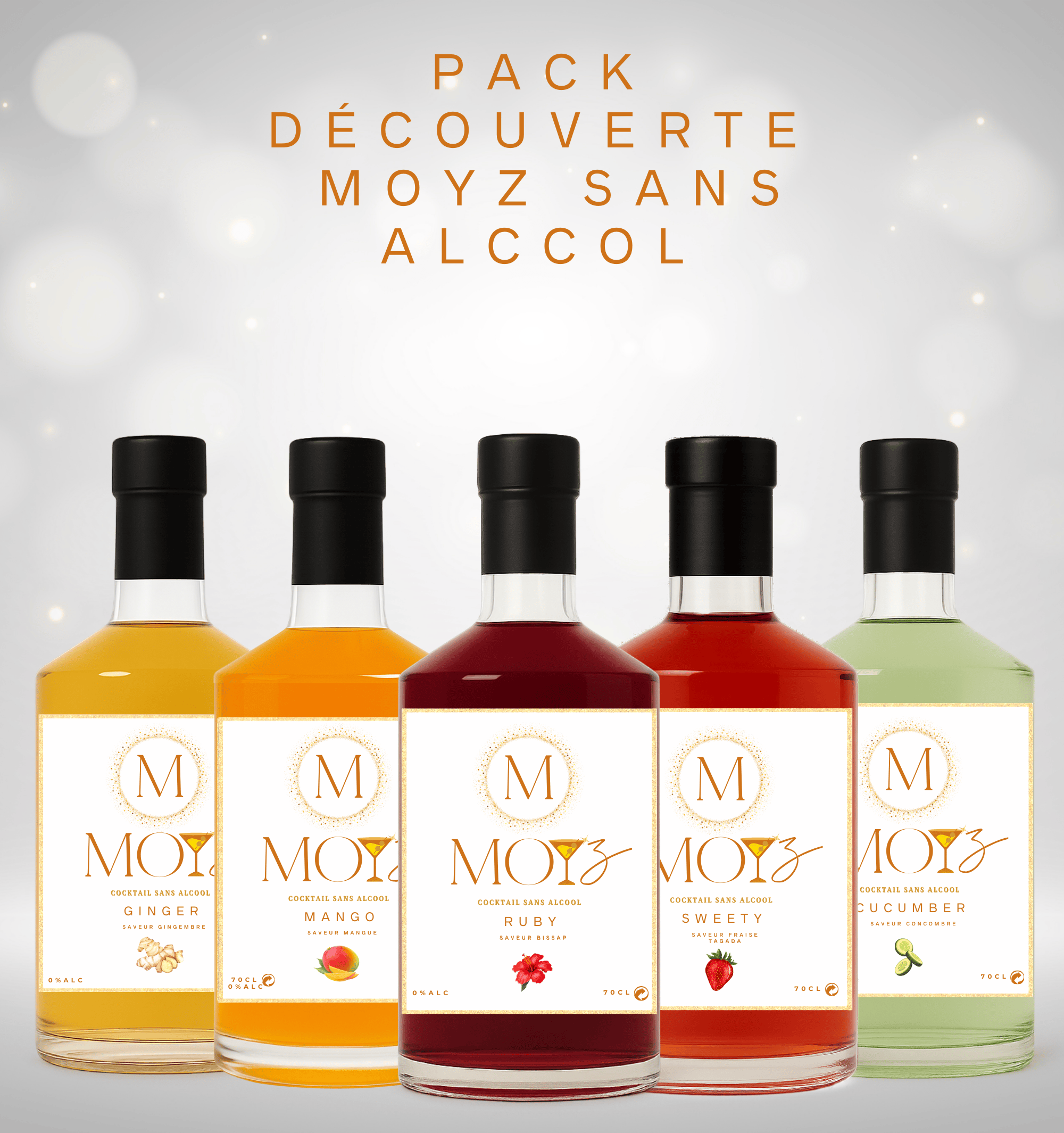 Pack découverte cocktails sans alcool MOYZ - Pack incluant les 5 saveurs des cocktails sans alcool MOYZ : Ruby (Bissap), Mango (Mangue), Cucumber (Concombre), Ginger (Gingembre), Sweety (Fraise Tagada).